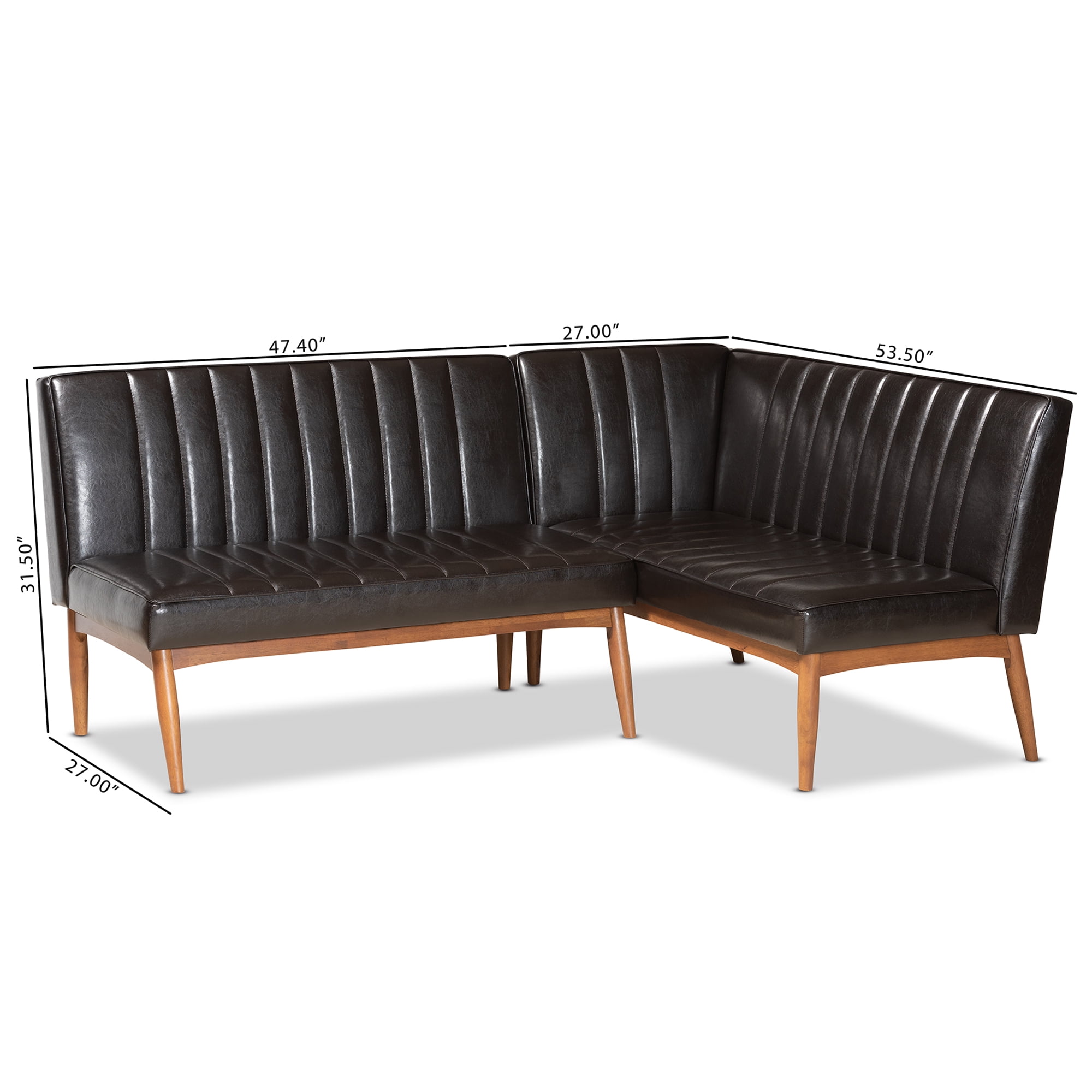 Baxton Studio Daymond Mid-Century Modern Dark Brown Faux Leather Upholstered and Walnut Brown Finished Wood 2-Piece Dining Nook Banquette Set