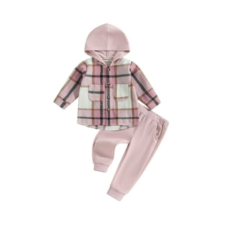 

Biekopu Toddler Boys Girls Fall Outfits Plaid Hooded Long Sleeve Hoodies Shirts and Elastic Waist Long Pants 2Pcs Clothes Set