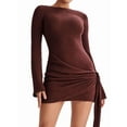 thumbnail image 2 of Women'S Backless Pleated Mini Dress Long Sleeve Knit Crochet Sexy- Party Sweater Dresses Reddish Brown S, 2 of 7