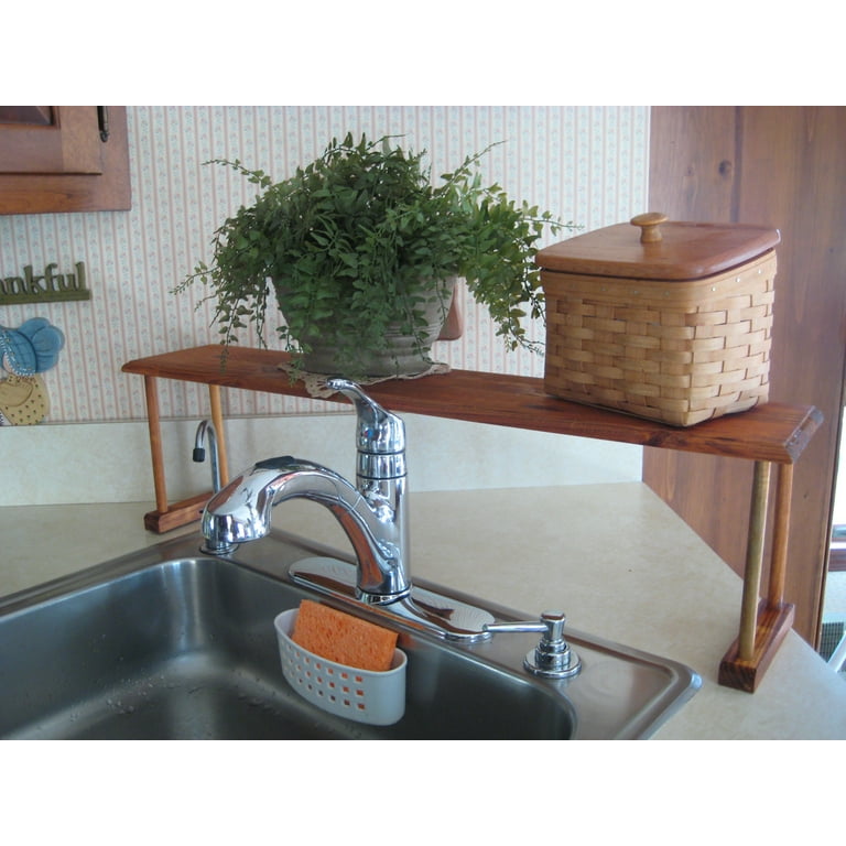 Home Basics Wooden Over the Sink Shelf - Brown | Maximize Counter Space |  Convenient Storage for Soap, Silverware, Sponges | Easy Faucet Access