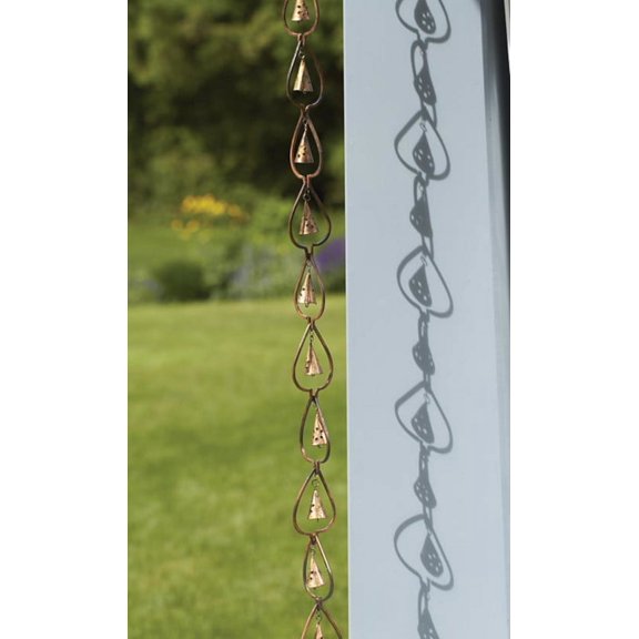 Aged Copper Aspen Leaf and Bell Rain Chain for Outdoors, Backyards, Patios and Lawns