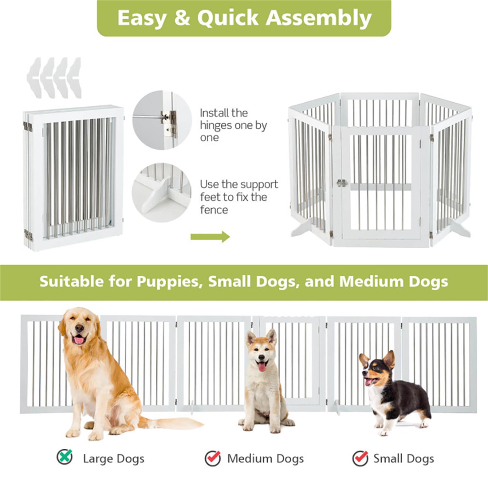 Pefilos 144" Folding Pet Gate with 4pcs Support, Wood 6-Panel Dog Gate for Stairs, Freestanding Pet Playpen Puppy Safety Fence, White