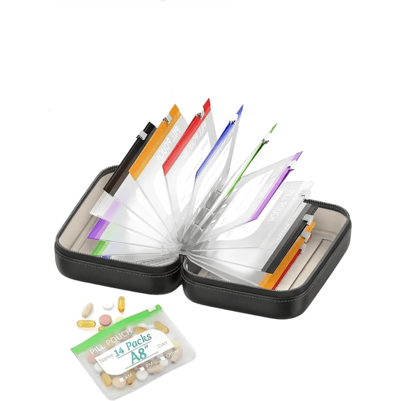 A8 Waterproof Pill Pouch Set Weekly Organizer with 14 Color-Coded Medicine Pouches Reusable Travel Case Large Portable Medication Storage for Vitamins Supplements