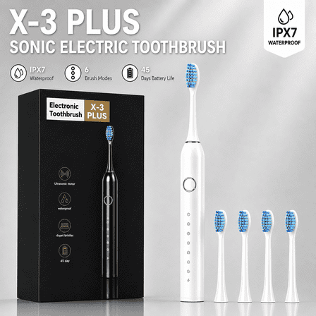 Rechargeable Electric Toothbrush with 4 Soft Bristle Heads, 6 Cleaning Modes, IPX7 Waterproof, 45-Day Battery Life, Travel Friendly (White)