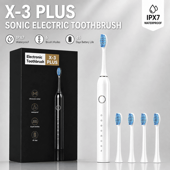 Rechargeable Electric Toothbrush with 4 Soft Bristle Heads, 6 Cleaning Modes, IPX7 Waterproof, 45-Day Battery Life, Travel Friendly (White)