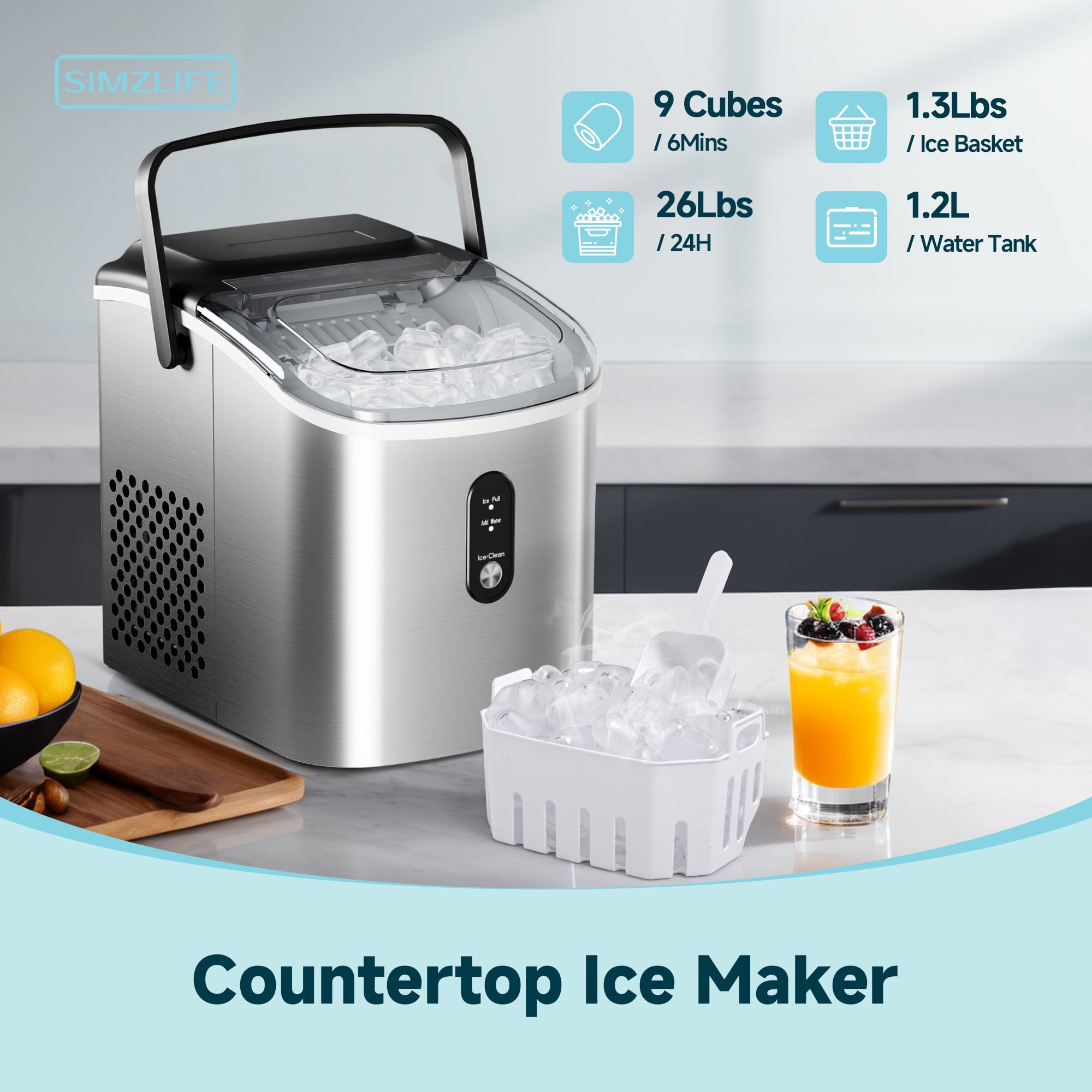 Simzlife Countertop Ice Maker with Handle,Portable Ice Machine with Basket and Scoop, 9 Bullet Ice In 6 Mins, 26Lbs/24H, Self-Cleaning