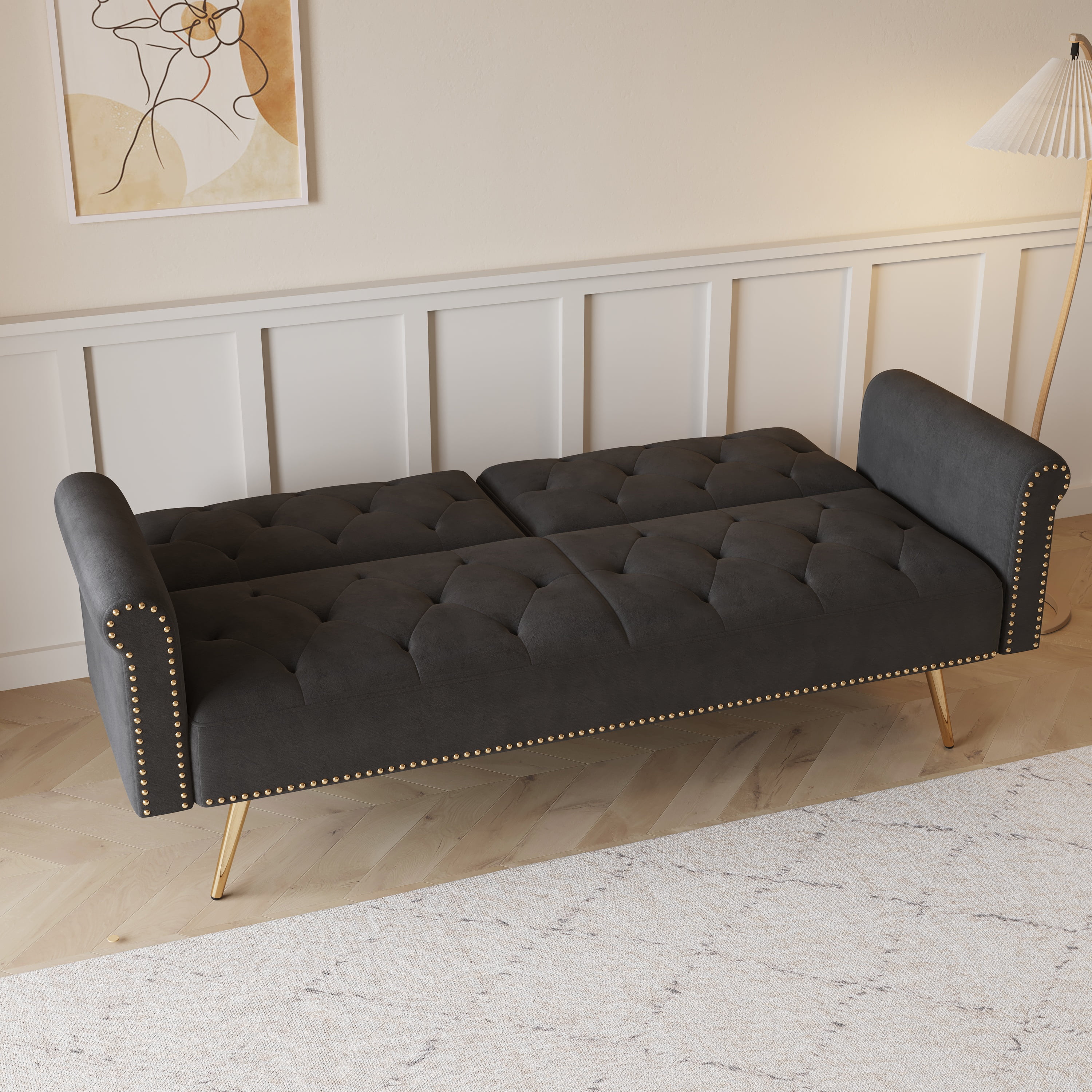 Convertible Futon Sofa Bed,Modern Velvet Upholstered Loveseat Sofa Nailhead Sleeper Couch Bed with Two Pillows for Living Room,Bedroom,Black02