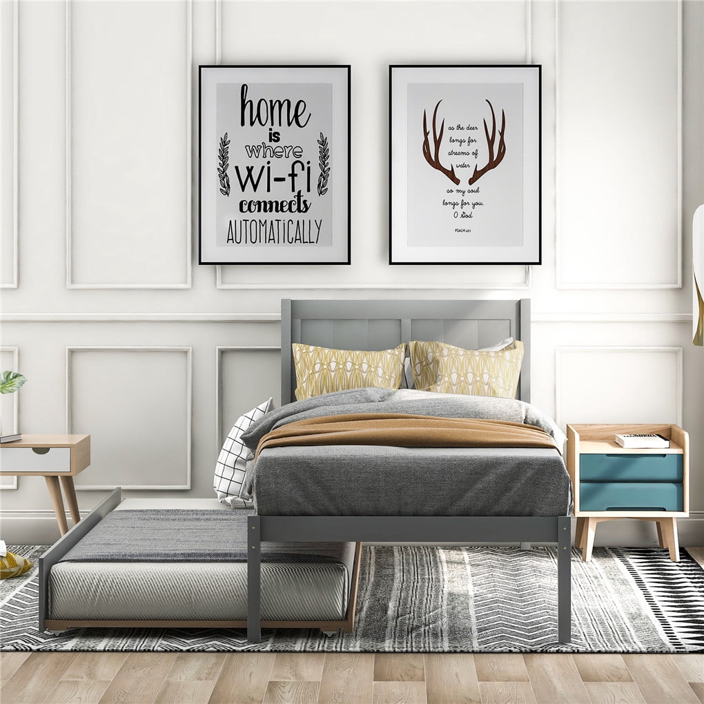 Irene Inevent Bed Frame Wooden Slatted Mattress Support Platform Bed Twin Size Trundle Bedstead with Headboard