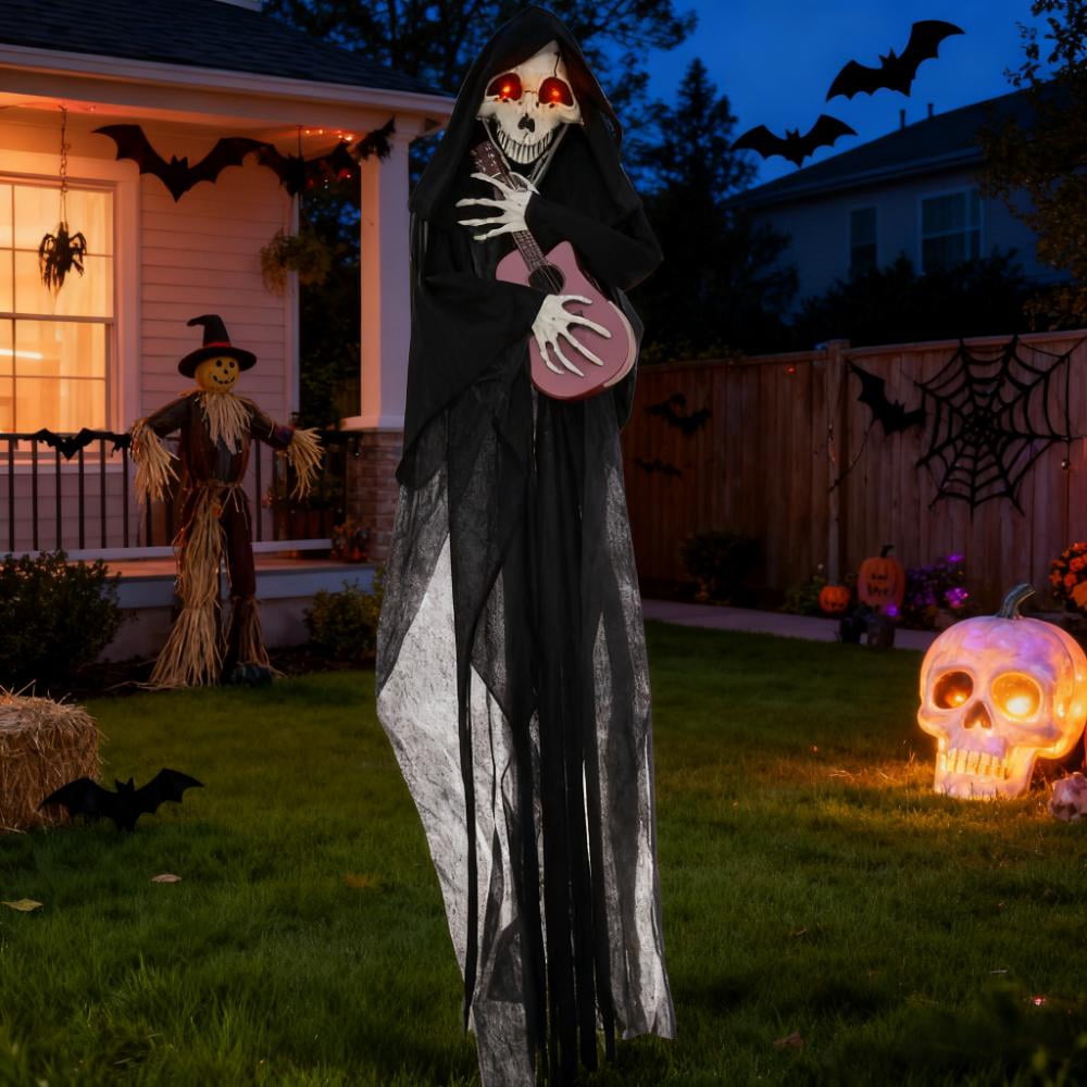 Outdoor Halloween Yard Decor, Guitar-Playing Grim Reaper Outdoor Halloween Decoration Animatronic