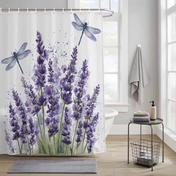 Bathroom Shower Curtain Farm Purple Flowers Lavender Waterproof Shower Curtains with Hooks, Country Dragonfly Bath Curtains Bathtub Curtain Home Decor 36x72in