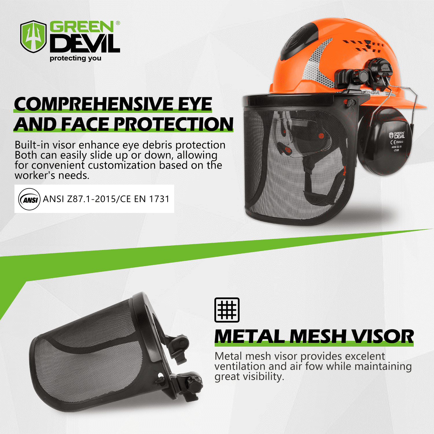 GREEN DEVIL Industrial Chainsaw Helmet with Face Shield Built in Visor and Ear Muffs 4 in 1 System ANSI Z89.1 Full Brim Safety Hard Hat Adjustable Headgear Ideal for Forestry and Arborist Work