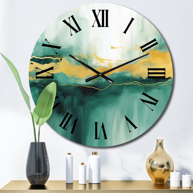 Designart "Gold Accents in a Blue Watercolor Impression IV" Fractals Oversized Wall Clock