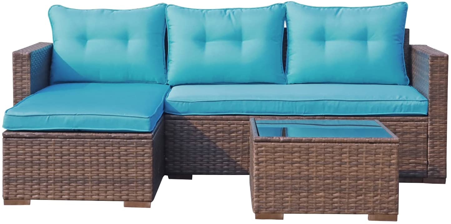OC Orange-Casual 5-Piece Patio Furniture Set, All-Weather Outdoor Sectional Sofa, with Glass Coffee Table for Deck Balcony Porch, Brown Rattan & Turquoise Cushion - image 5 of 8