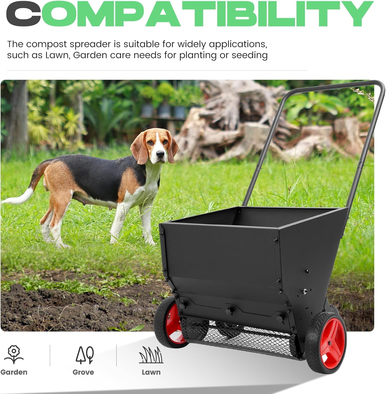 Kojem Compost Spreader W/Handle, 4 Wheels, Adjustable Rate Suitable for Lawn, Farm, Landscraping, Lawn Drop Spreader, Topdresser Push Garden Seeder Garden Tool Cart for Fertilizer, Grass, Seed