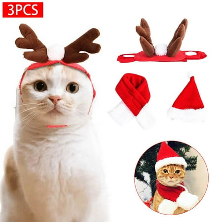 Mnycxen Cat Santa Christmas Hat + Muffler + Elk Antler Hat, Head Wear Accesories Christmas