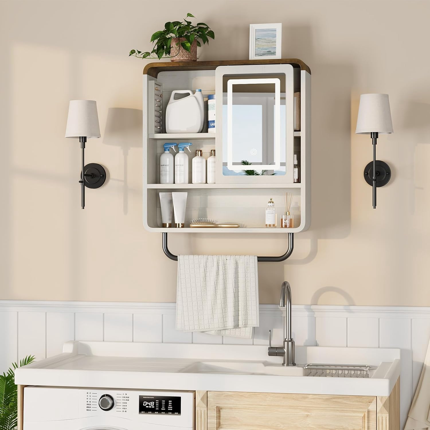 Vecenuy Modern Bathroom Wall Cabinet with Mirror, Medicine Cabinet over Toilet Storage, Towel Bar, Sliding Door, 3 Lighting Modes & Adjustable Brightness, Antique White