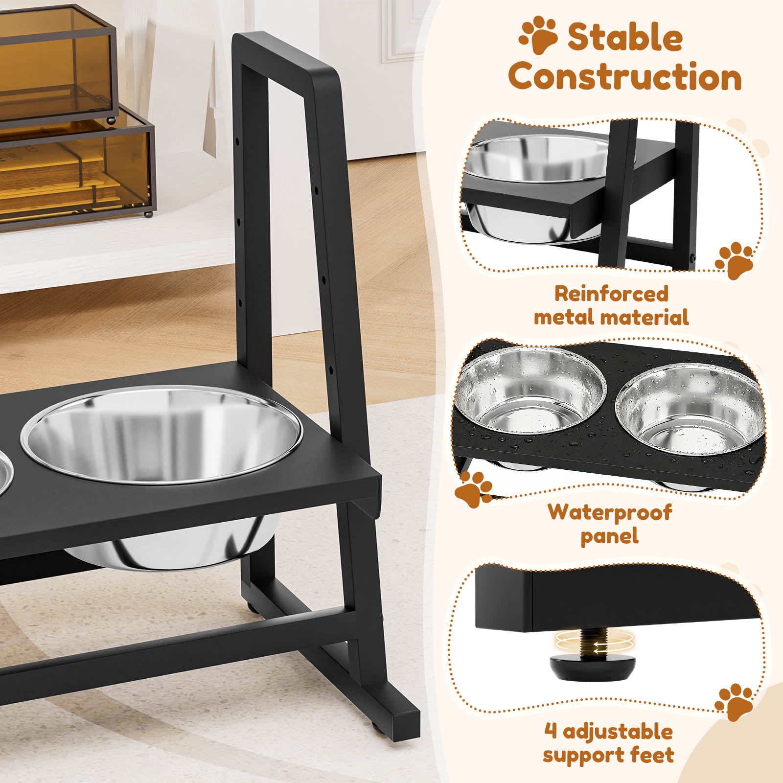 Enogets Elevated Dog Feeder with Stainless Steel Bowls, Adjustable 4-Level Height for Large Dogs, Easy-Clean Stand