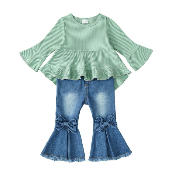 6 Months Baby Girls Clothes 12 Months Girls 2PCS Fall Winter Denim Outfits Set Infant Girls Long Sleeve Irregular Top Denim Pants Set Green