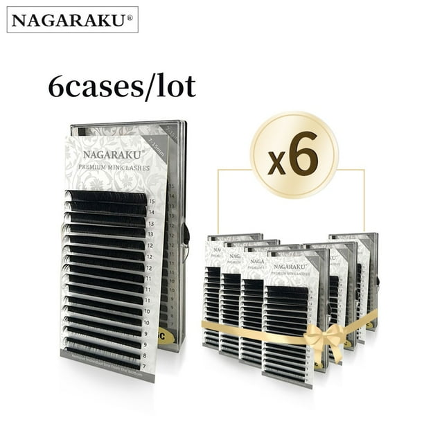 NAGARAKU 6 Estuches Suministros de extensión de pestañas postizas Visón sintético Longitud individual 7-15 Mezcla 16-20 Mezcla 16 Líneas Alta calidad Suave Dengxun unisex