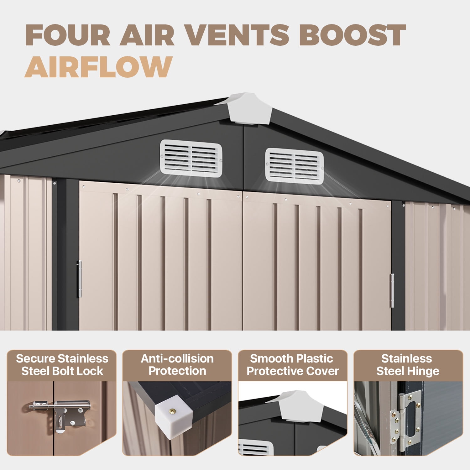 BaPiPro 6x4FT Brown Metal Storage Shed with Solid Floor, Gable Roof & Double Doors