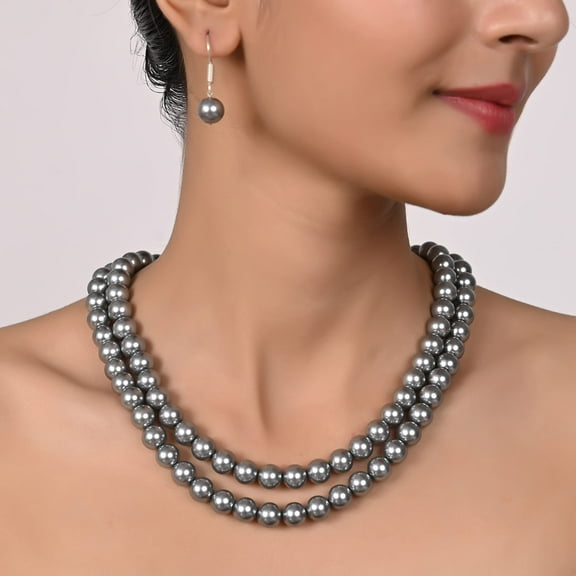 Ratnavali Jewels Shell Cultured 10mm Soft Grey Pearl Double Strand Necklace for Women With Hook Earrings