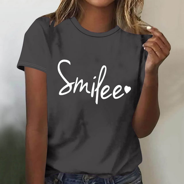 Fiudx Ofertas Flash Del Día Top/Camisa de Manga Corta con Cuello Redondo y Estampado de Letras para Mujer