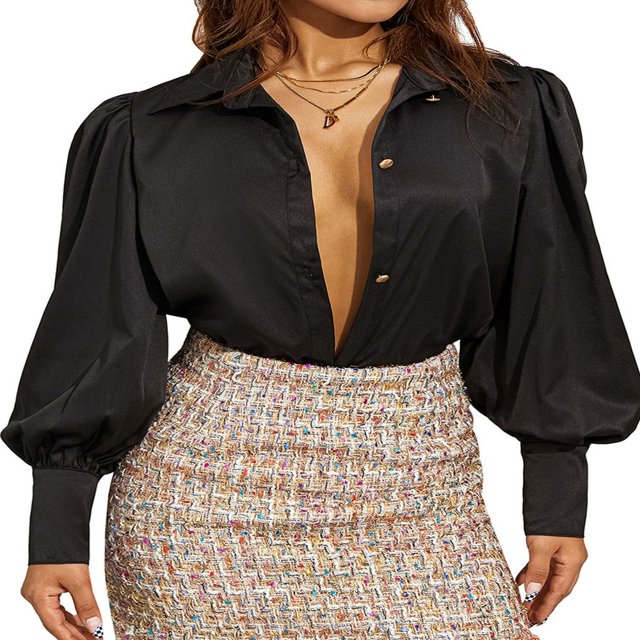 AMERTEER Chemise Rétro pour Femmes Printemps Automne Manches Évêque Bureau Dame Couleur Unie/imprimé Léopard Col à Revers Manches Longues Boutonnée Vert S