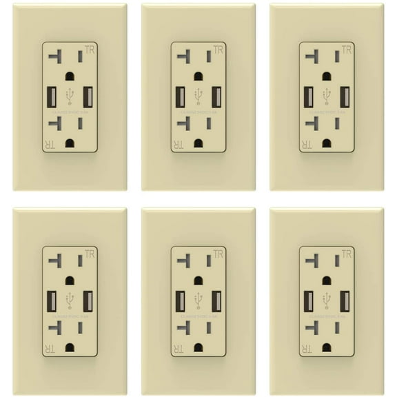 ELEGRP USB Wall Charger, 3.6 Amp, Dual Type A, 20A Duplex TR Receptacle, W/ Wall Plate, R1620D36-IV6,UL Listed (6pcs-in, Ivory)