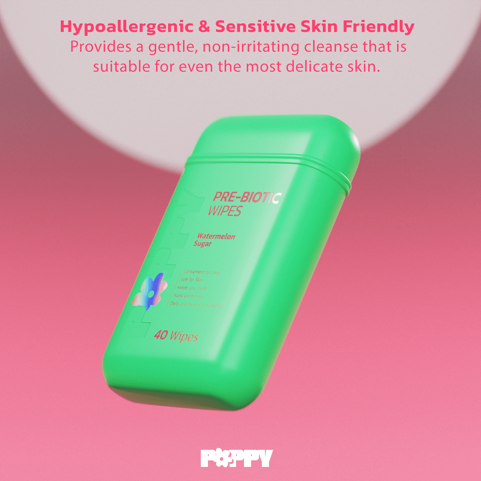 Poppy Pre-Biotic Feminine Hypoallergenic Wipes for Women, Personal Care To-Go Wipes, Watermelon Sugar Scent, 40 Count