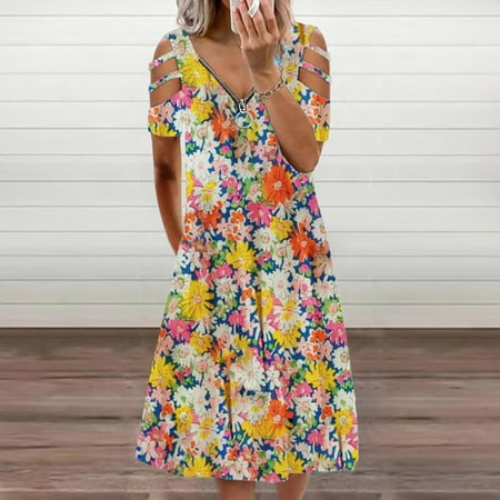 

Summer Dresses For Women 2022 Womens Floral Print V-Neck Summer Casual Short Sleeve Zipper Dress