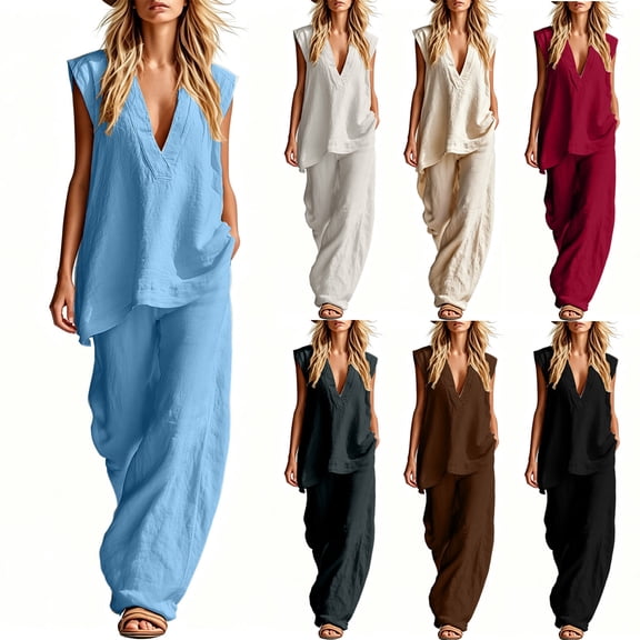 Fancifize Cotton Linen 2 Piece Sets for Women Summer V Neck Tank Tops and Loose Wide Leg High Waist Pants