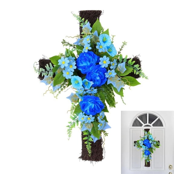 Easter Front Door Wreath Cross Easter Wreath Vine Artificial Hanger Wall Wreaths Christian Flowers Signs Door Decorations for Home Porch Spring Farmhouse Party Decor