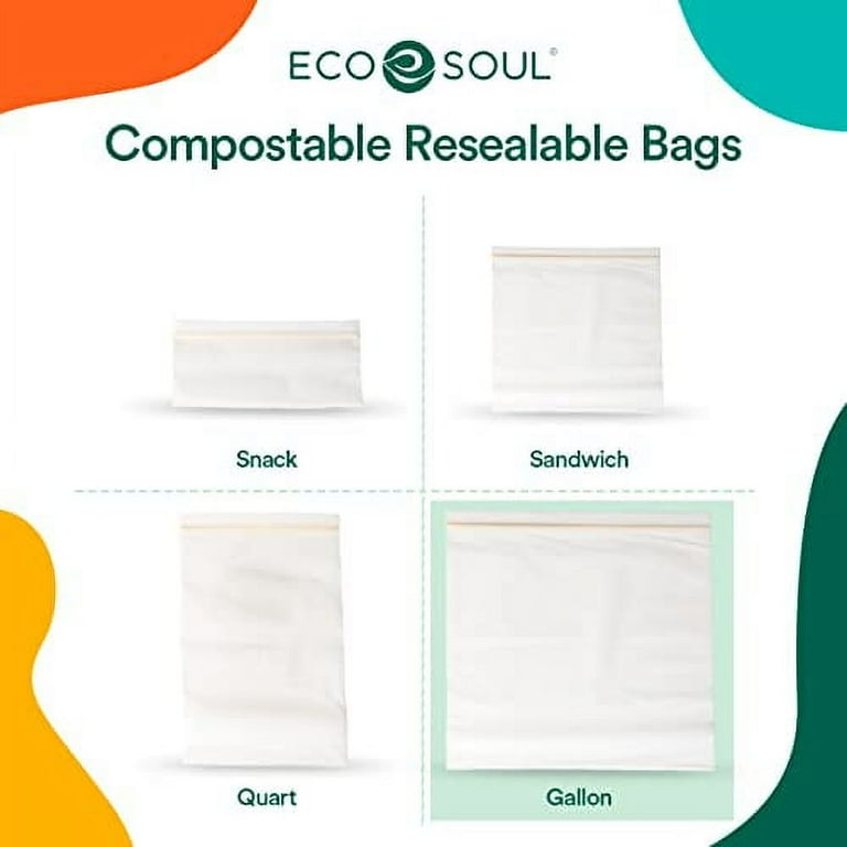 ECO SOUL 100 Compostable Gallon Bags 40 Counts Resealable Bags Freezer Bags Eco Friendly Zip Bags Leakproof Bags Biodegradable Bags for Food