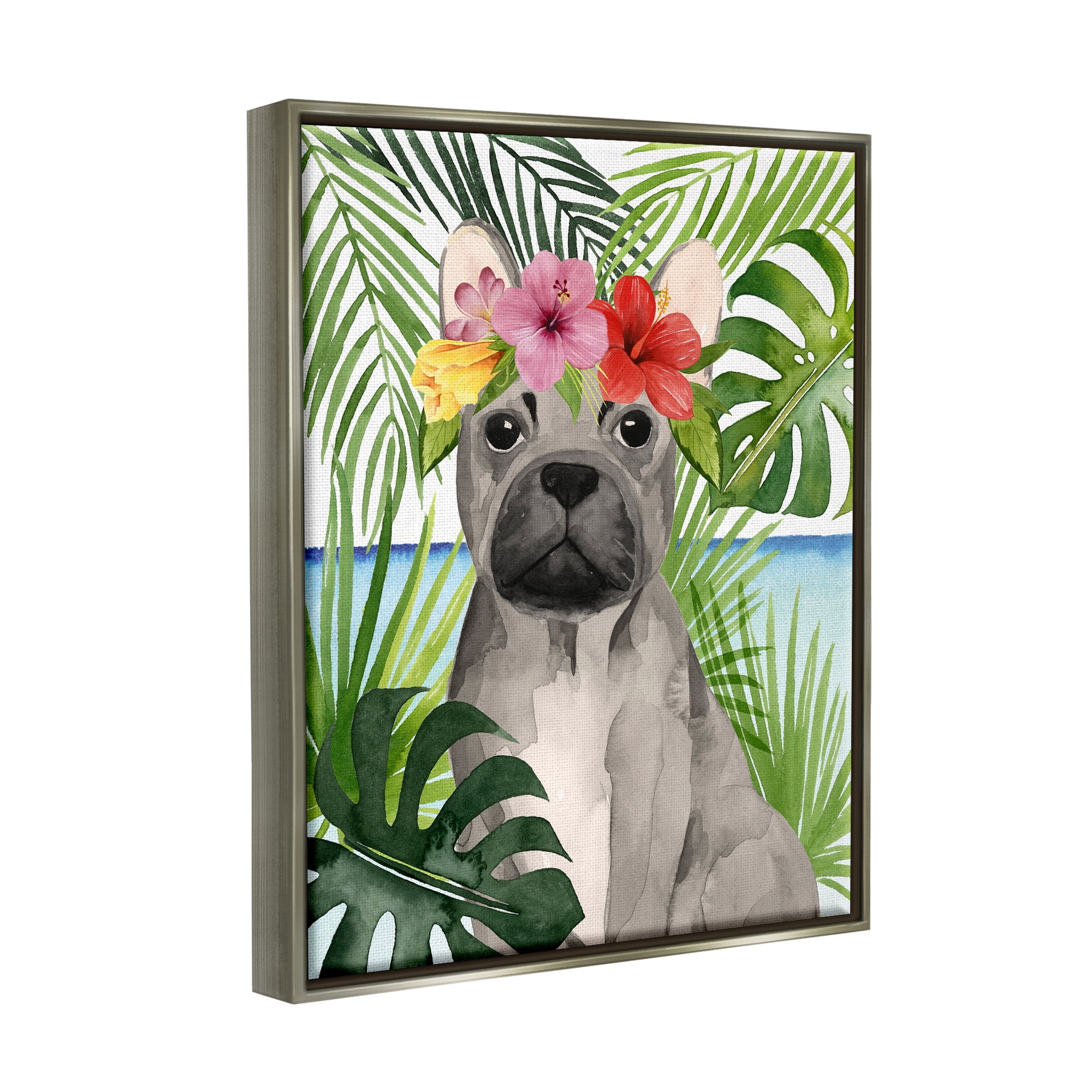 Stupell Industries Tropical French Bulldog Animals & Insects Painting Gray Floater Framed Canvas Art Print Wall Art, 25 x 31
