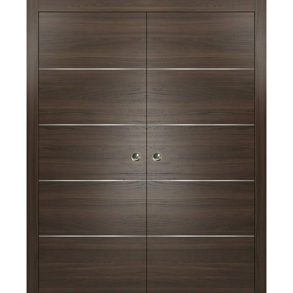 Double Pocket Sliding Brown Doors 72 x 84 with Strips