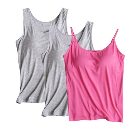 JGGSPWM 2PCS Slim Fit Built-in Bra Tank Tops for Women Summer Casual Padded Adjustable Spaghetti Strap Camisole Tops Navy L