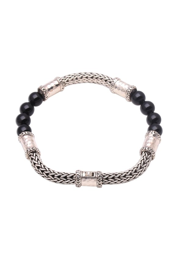 Onyx and sterling silver beaded chain bracelet, 'Agreeable Union'