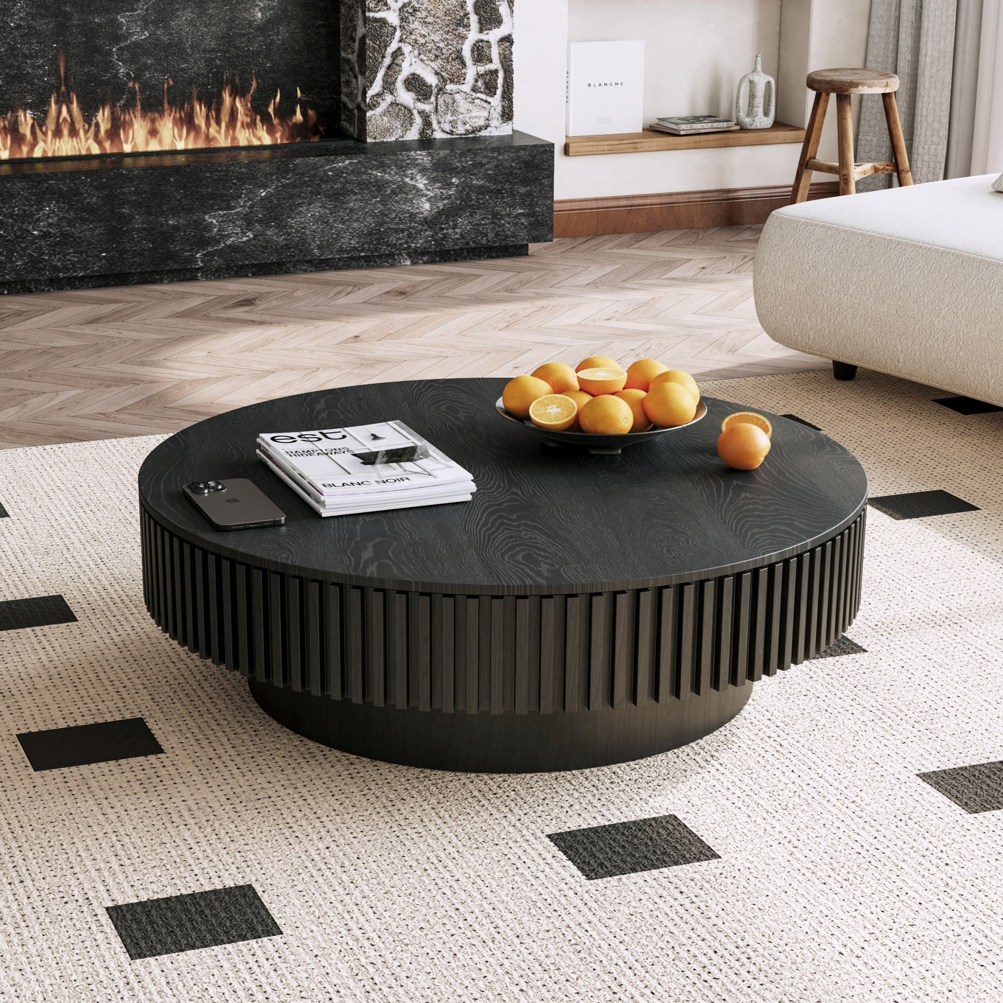 39.37" Round Coffee Table with Storage, Fluted Modern Coffee Table with Hidden Storage, Wood Veneer Center Table for Living Room, Black