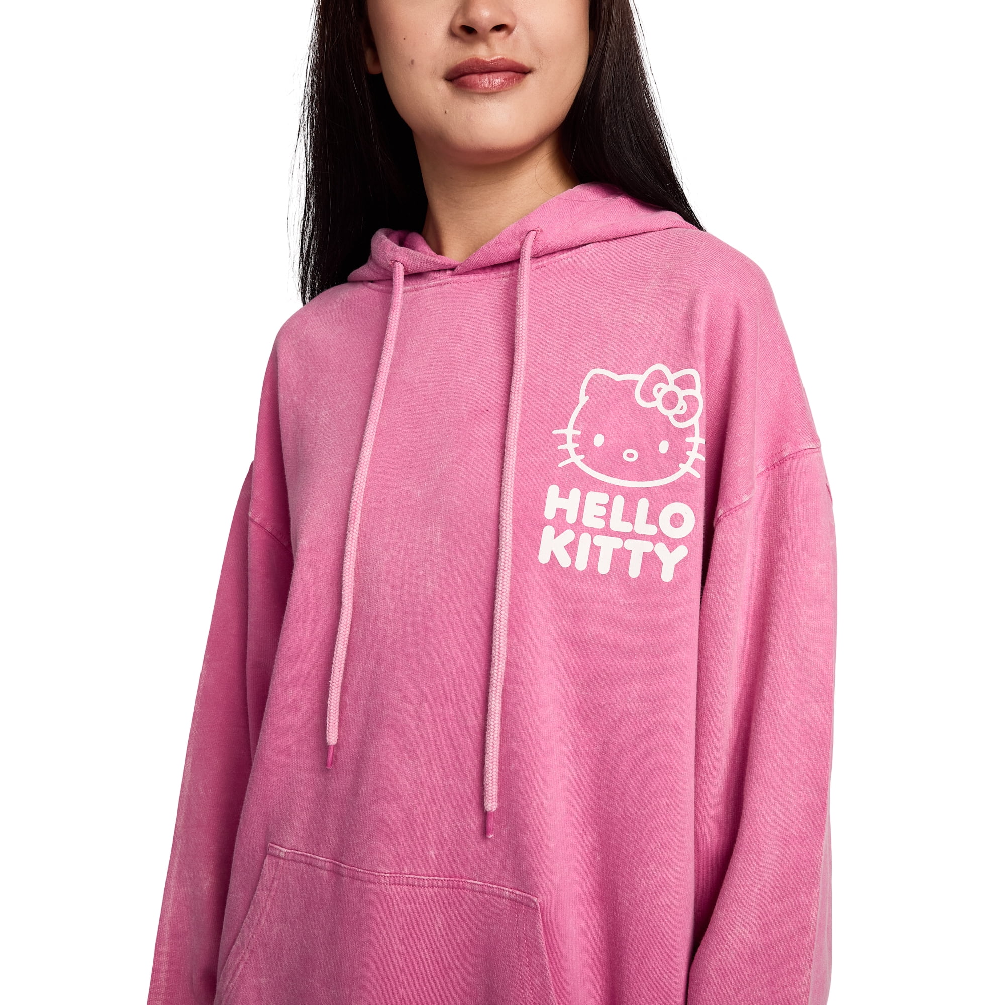 Hello Kitty & Bows Line Art Women's Pink Mineral Wash Long Sleeve Fleece Hooded Sweatshirt-Small