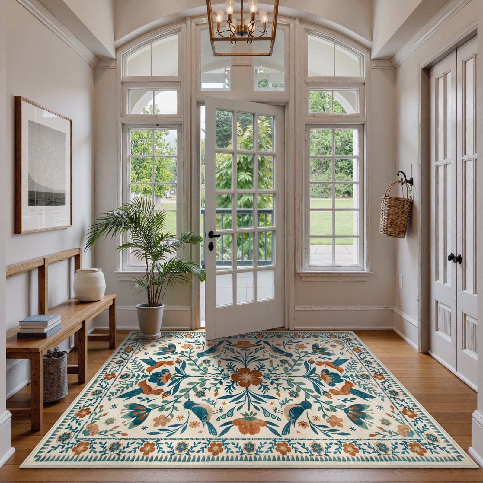 Lahome Decor 5'x7' Boho Bird Area Rugs,Floral Rug for Living Room Machine Washable,Soft Indoor Carpet,Non-Slip Low Pile for Bedroom Dining Room Playroom Office,Beige