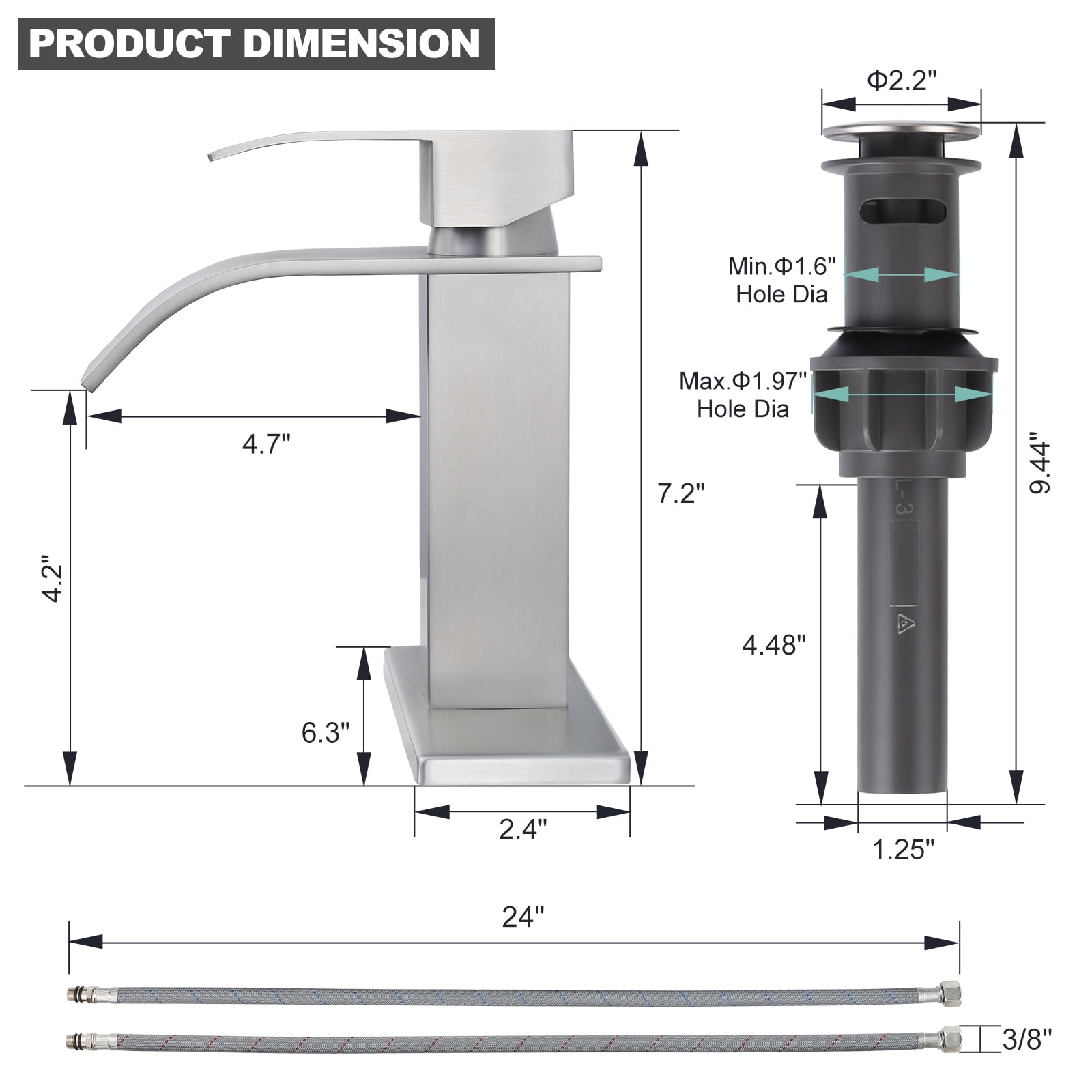 Wowow Waterfall Bathroom Faucet Brushed Nickel Faucet for Bathroom Sink Single Handle Mixer Tap Lavatory Vanity Faucet with Deck Plate and Pop Up Drain, 1 or 3 Hole