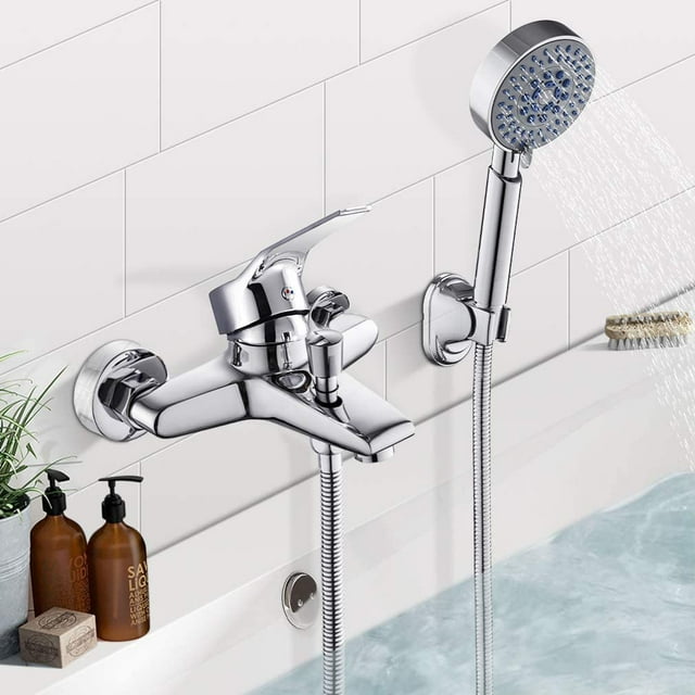 Robinet de Baignoire avec Douchette à Main, Robinet de Baignoire Mural à une Seule Poignée en Laiton, Mitigeur de Douche Moderne, Ensemble de Robinet de Douche, Chrome