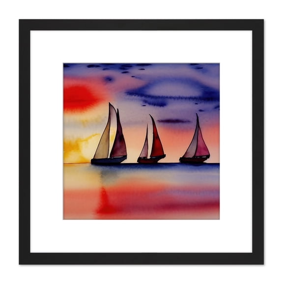 Three Boats Sailing Along the Horizon at Sunset Seascape Watercolour Painting Pinks Purple Square Wooden Framed Wall Art Print Picture 8X8 Inch