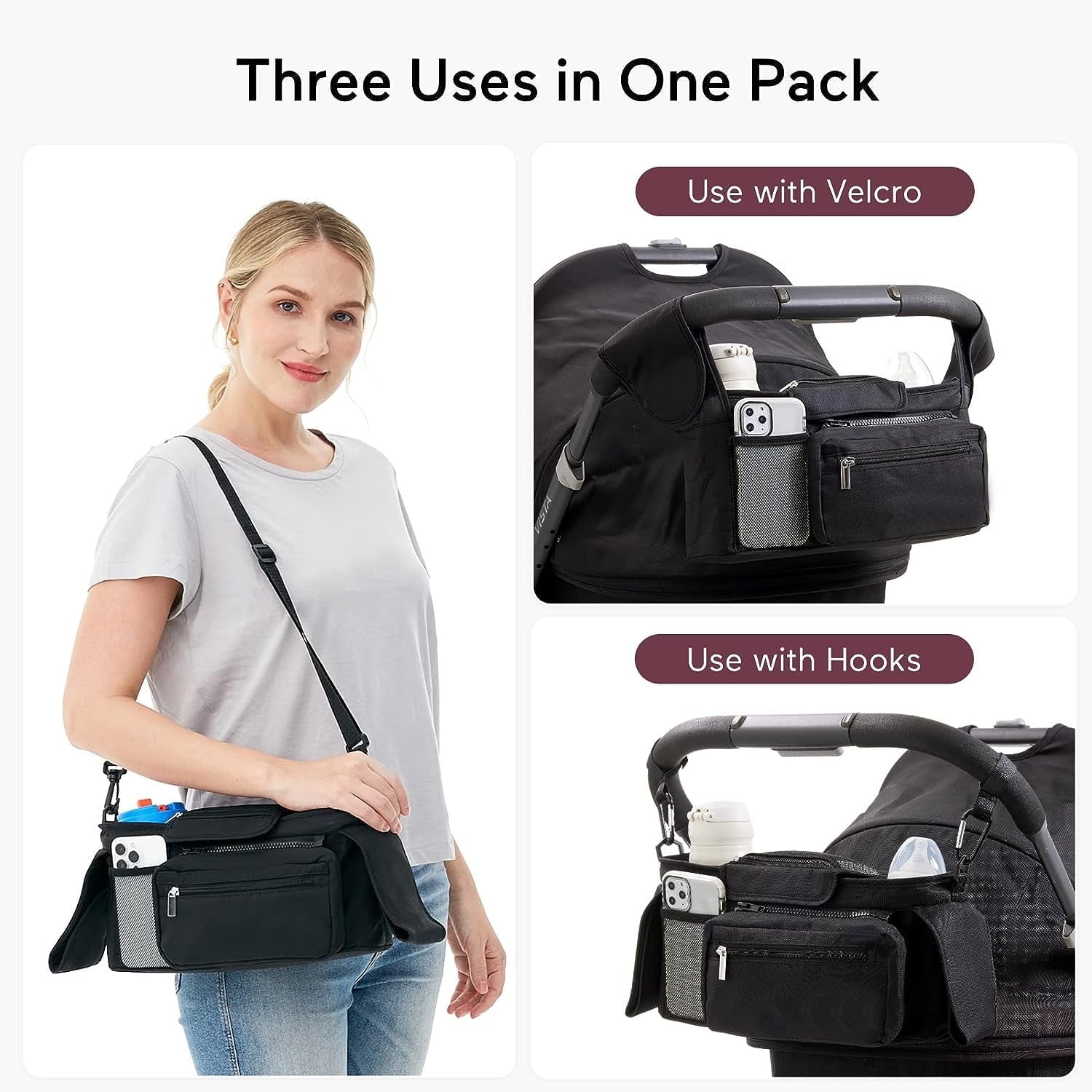 Universal Stroller Organizer with Non-Slip Straps, Stroller Caddy with Insulated Cup Holders, Detachable Phone Bag & Shoulder Strap – Fits Uppababy, Baby Jogger, Pet Strollers