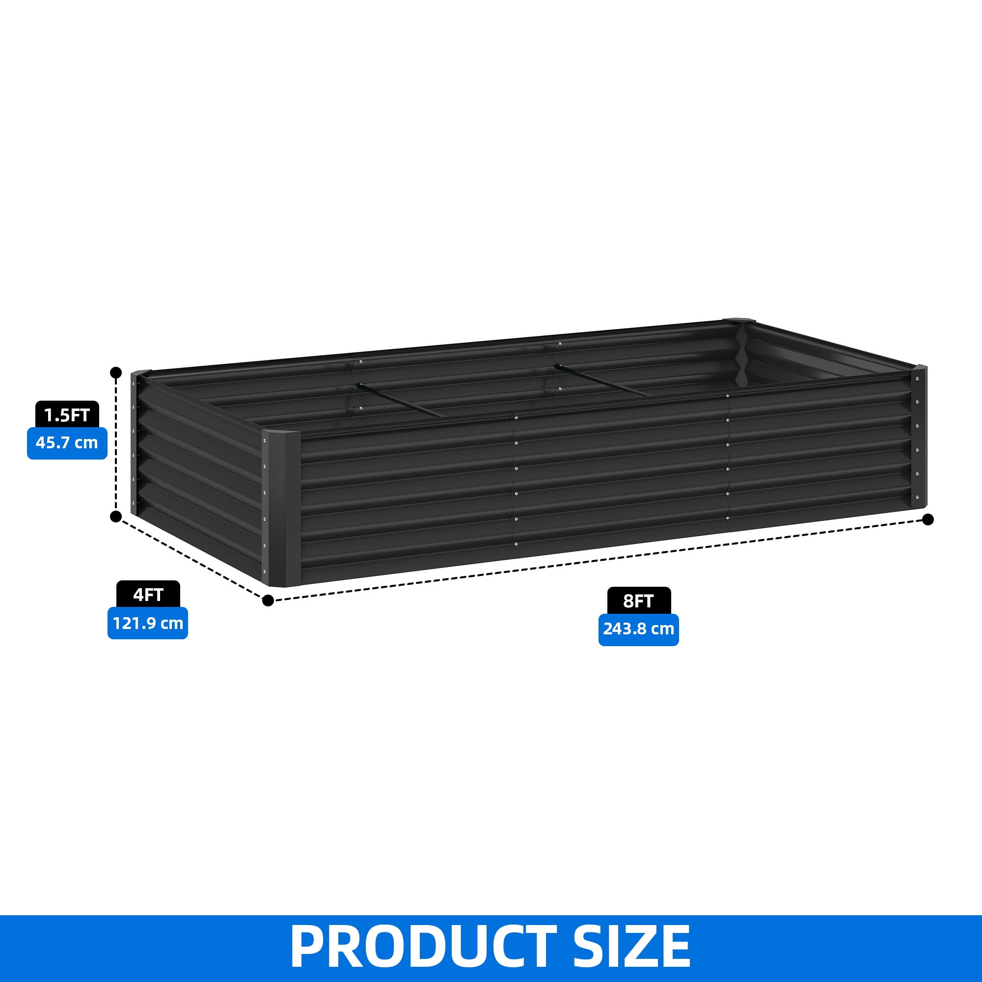 Uforic 8x4x1.5ft 1 Pack Galvanized Metal Raised Garden Bed Kit with Safety Rubber and Gloves, Black