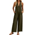 thumbnail image 3 of Neewe Womens Plain Linen Wide Leg Sleeveless Jumpsuits | V Neck Cutout High Waist Rompers, Breathable Lightweight, Beach Vacation Pants Outfit, Casual Dressy, Fall Winter Resort Wear, 3 of 9