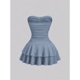 thumbnail image 2 of Dusty Blue Womens Strapless Ruched Bust Double Layer Ruffle Skirt Mini, 2 of 6