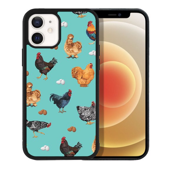 WIRESTER Shockproof Soft Rubber Cover Case for Apple iPhone 12 / 12 Pro 6.1" 2020, Barnyard Chicken Roosters Teal Background