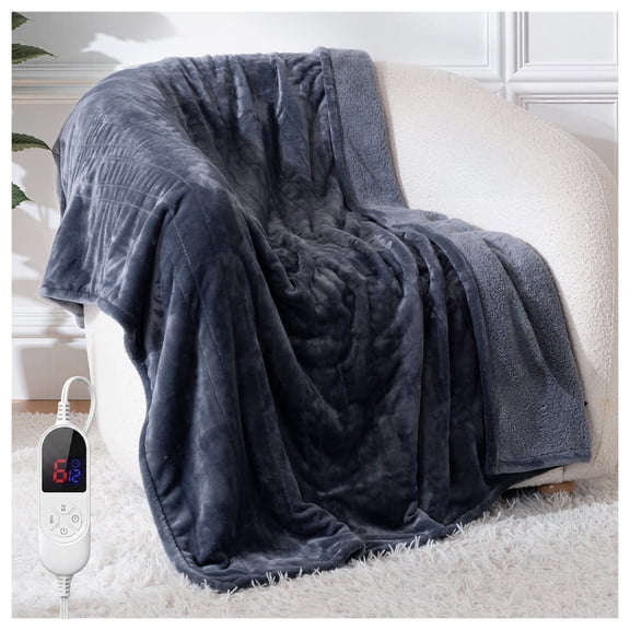 Electric Blanket Throw with Preheat Function - 240 GSM Soft Flannel Heated Blanket Twin Size, Fast Heating with 12 Time Settings & 6 Heat Settings, Gifts for Grandma (50x60 inches, Grey)