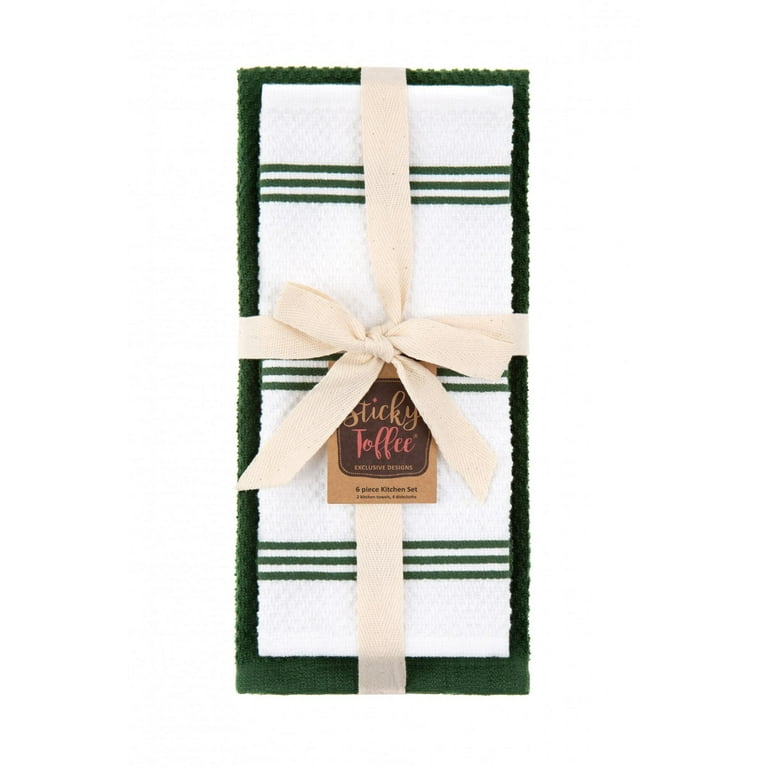 Sticky Toffee Cotton Terry Kitchen Towel and Dishcloth Set, Dark Green, 6 Pack